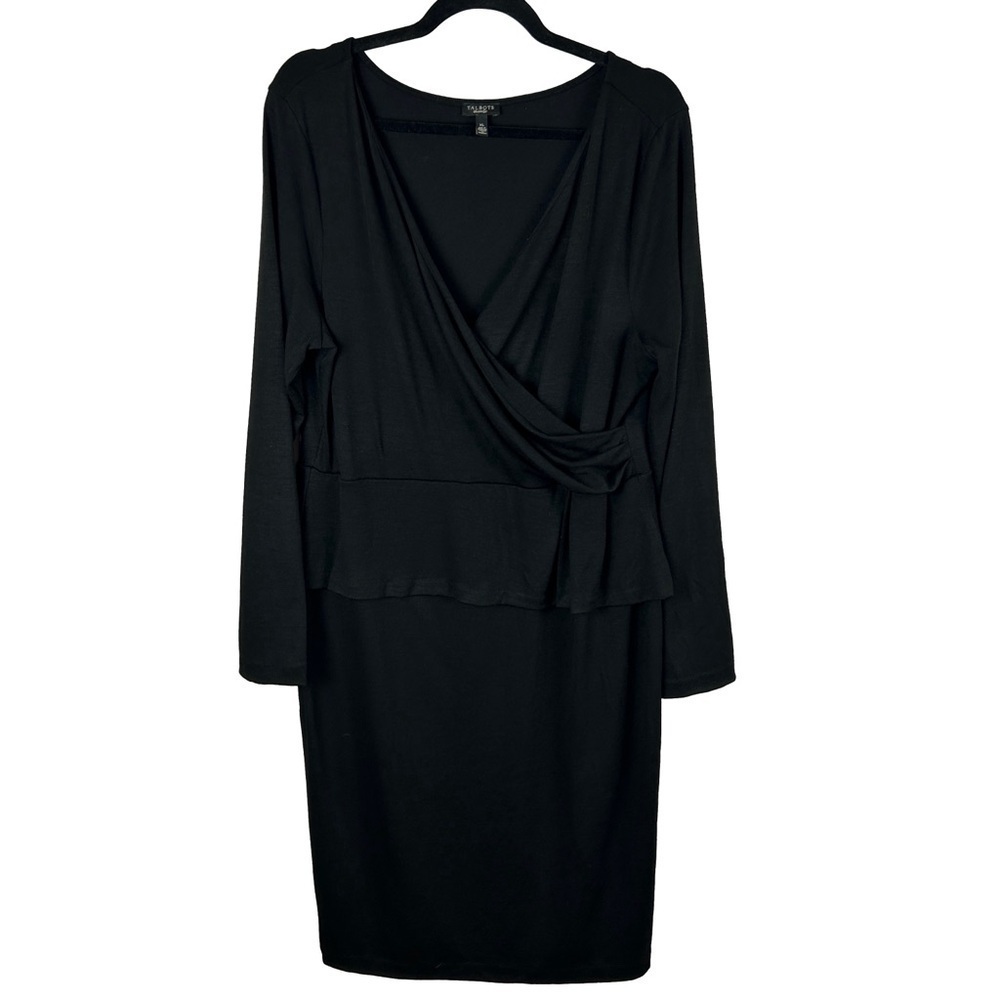 Talbots Classic Wool Blend Wrap Ruched Long Sleeve Dress XL Black